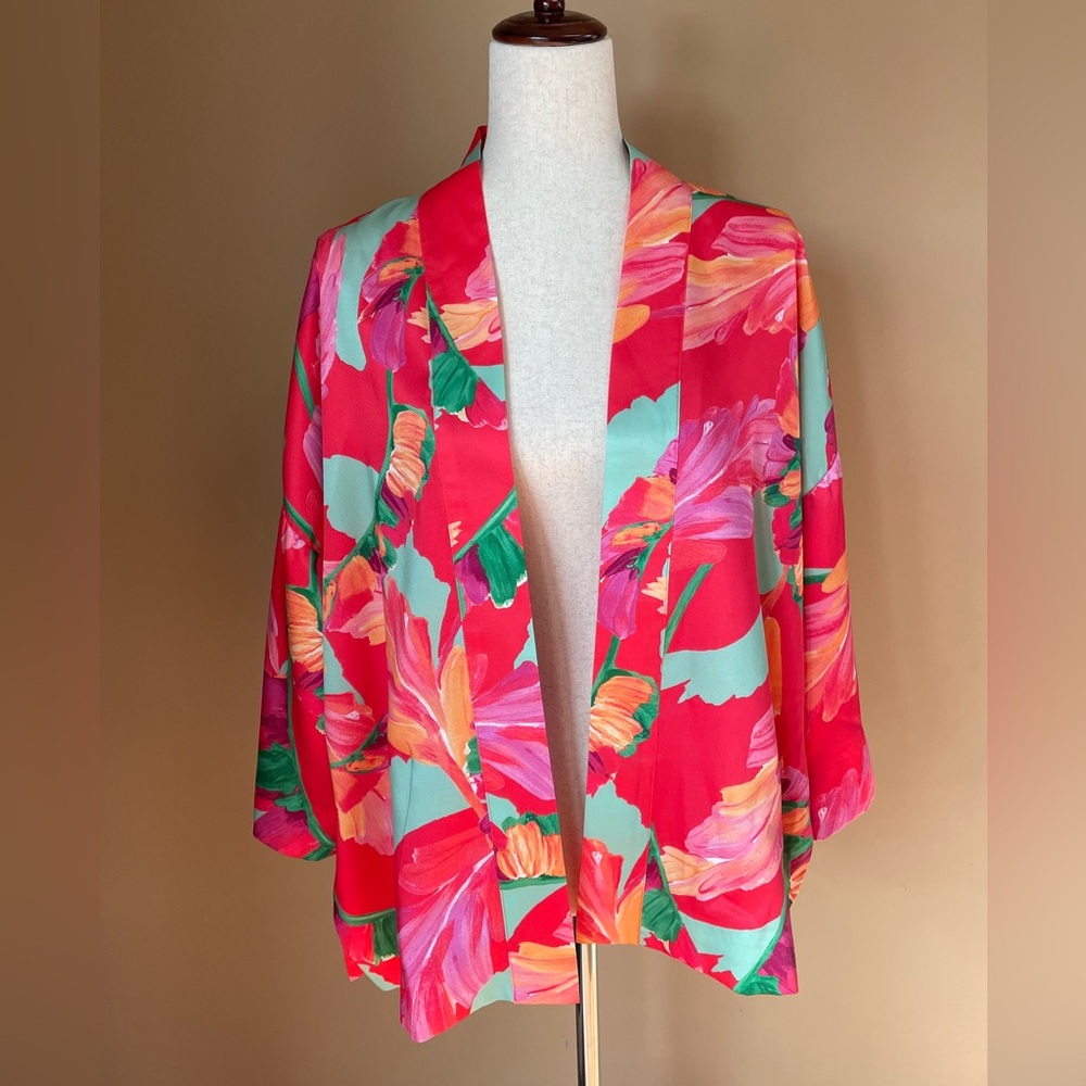 Chicos Womens Kimono Cardigan Floral Japanese‎ Pink Red Size Small/Medium Satin